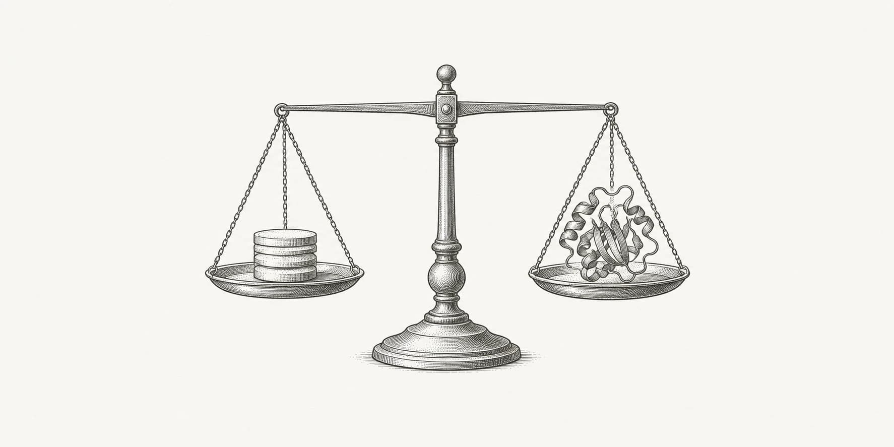 Ink illustration of a balance scale holding a small stack of tokens and a folded protein, representing affordable scientific analysis.