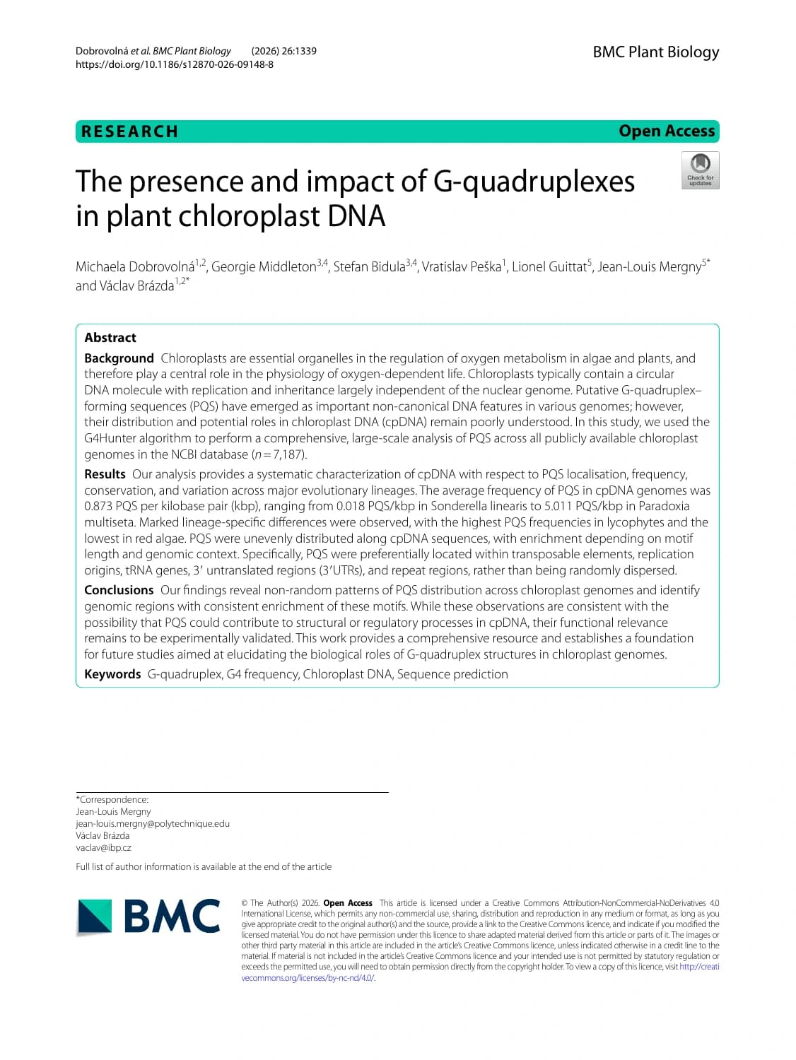 First page of The presence and impact of G-quadruplexes in plant chloroplast DNA, published in BMC Plant Biology.