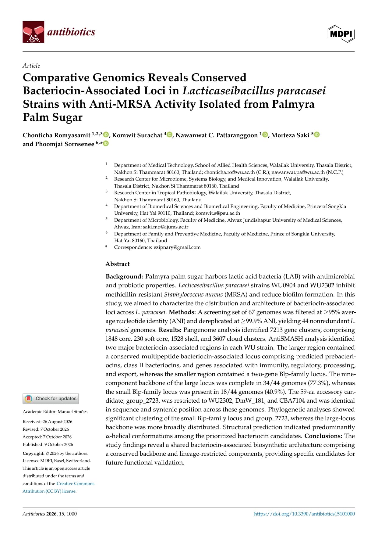 First page of the Lacticaseibacillus paracasei bacteriocin genomics study by Romyasamit and colleagues, published in Antibiotics.