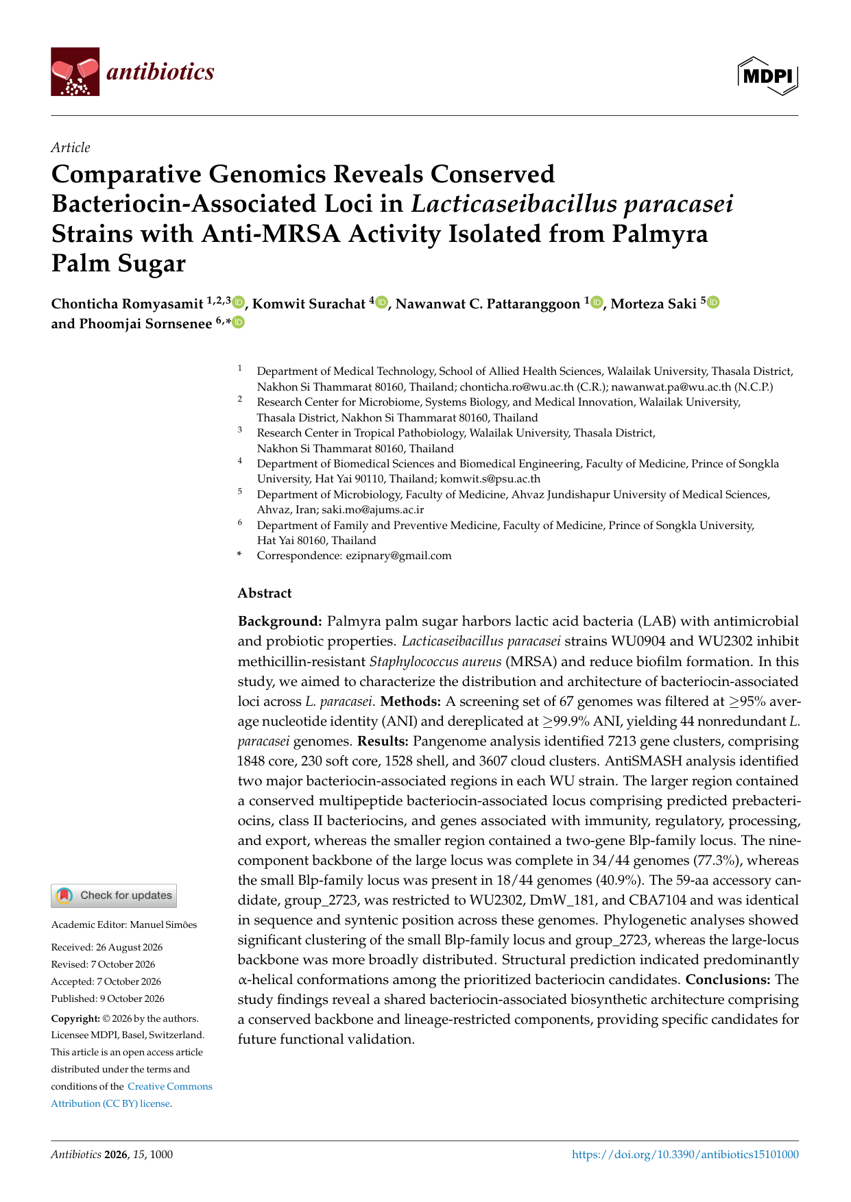First page of the Lacticaseibacillus paracasei bacteriocin genomics study by Romyasamit and colleagues, published in Antibiotics.