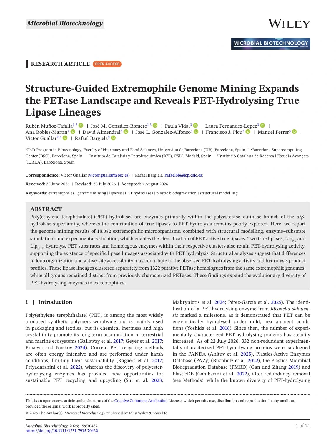 First page of the PET-hydrolysing lipase study by Muñoz-Tafalla and colleagues, published in Microbial Biotechnology.