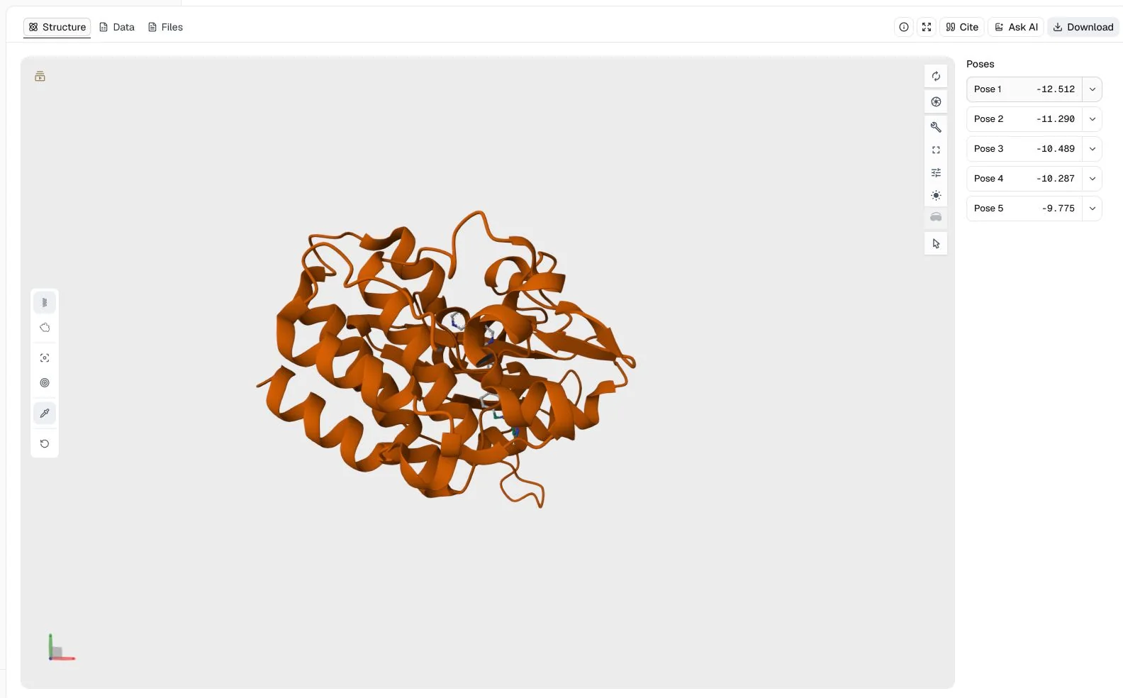 AutoDock Vina structure view of imatinib docked in c-Abl kinase with five ranked poses and a best affinity of -12.512 kcal/mol