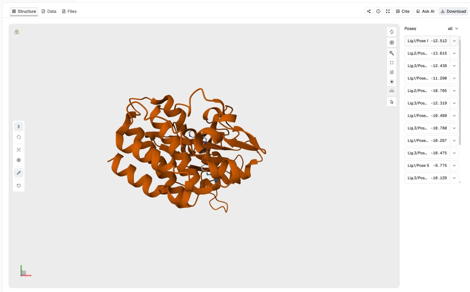 AutoDock Vina structure view of the c-Abl inhibitor batch with ranked poses from three independently docked ligands