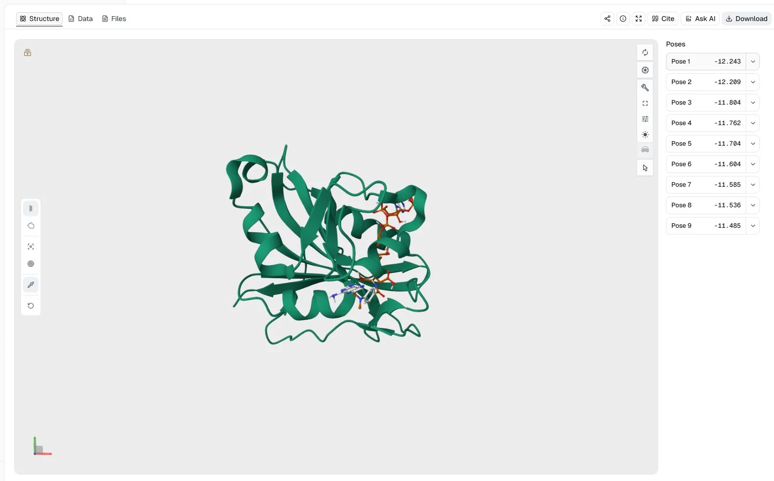 AutoDock Vina structure view of human DHFR with jointly docked methotrexate and NADPH and nine ranked poses