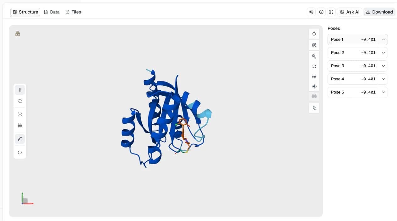 Boltz-2 Structure view of the top-ranked KRAS G12C and U4U covalent complex with five predicted poses