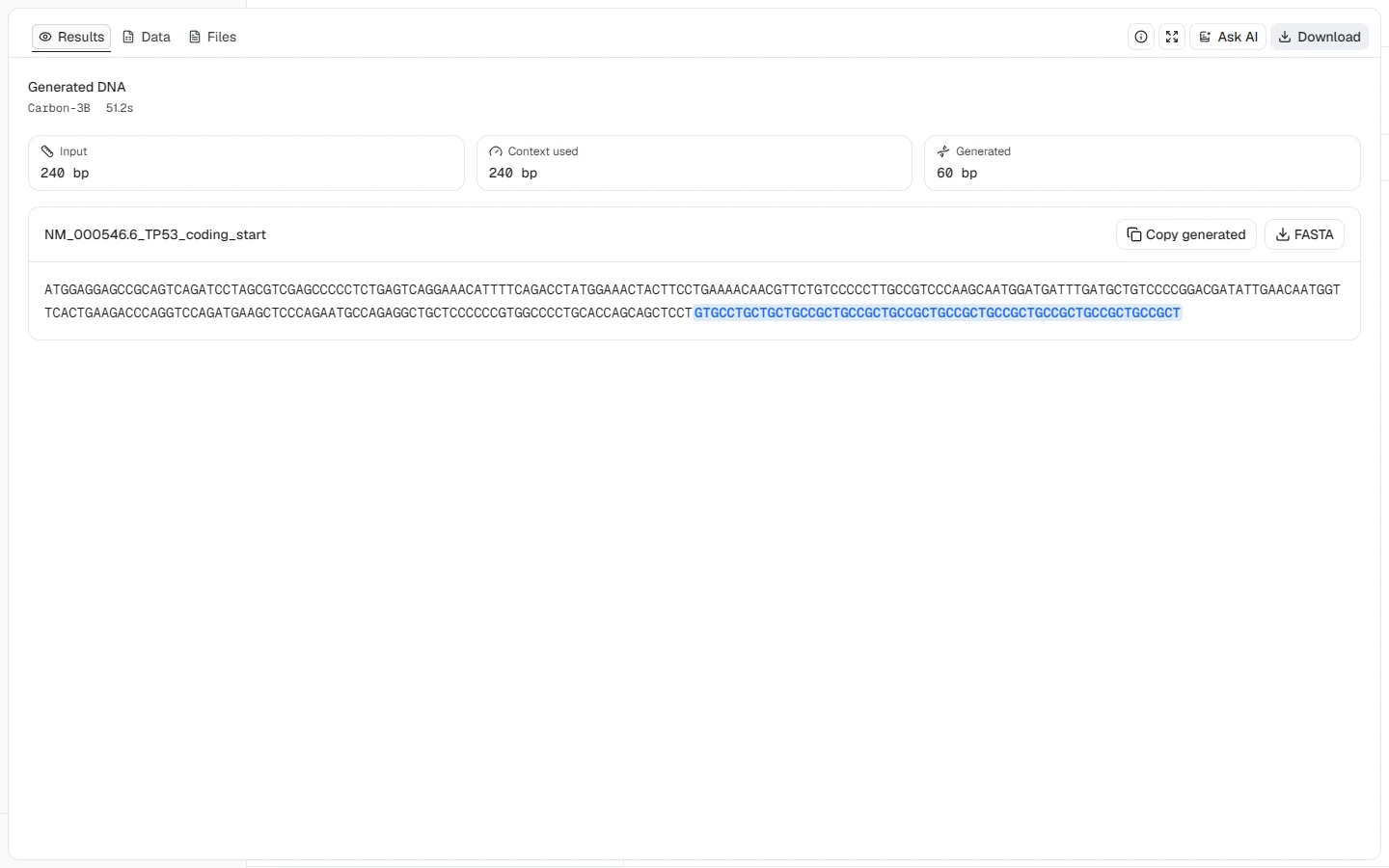 Carbon FNS generation result for the TP53 coding-sequence start, showing the 240 bp context and highlighted 60 bp continuation