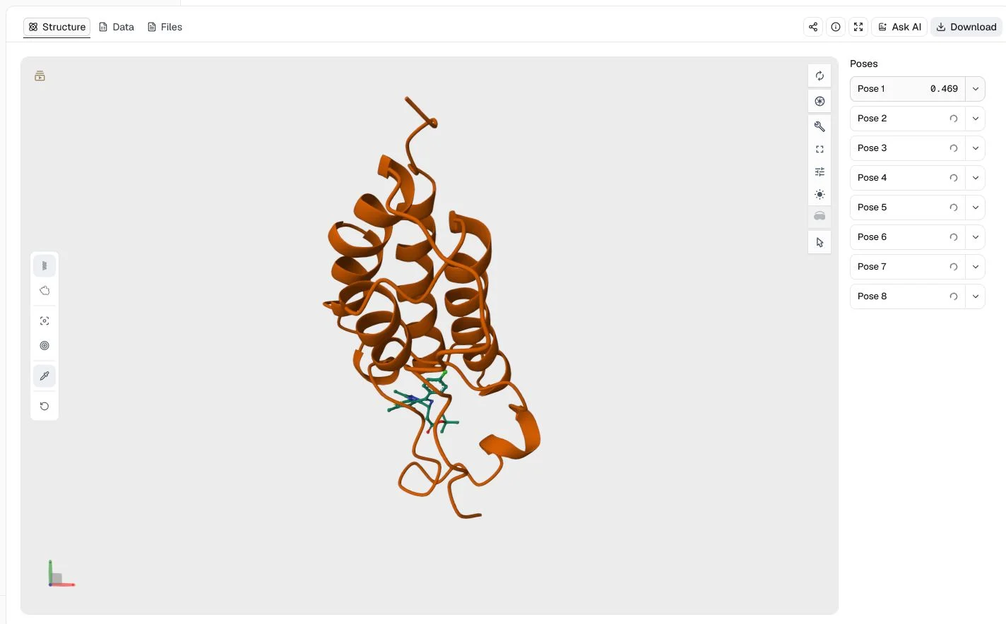GNINA structure viewer showing the top JQ1 pose in the BRD4 binding site