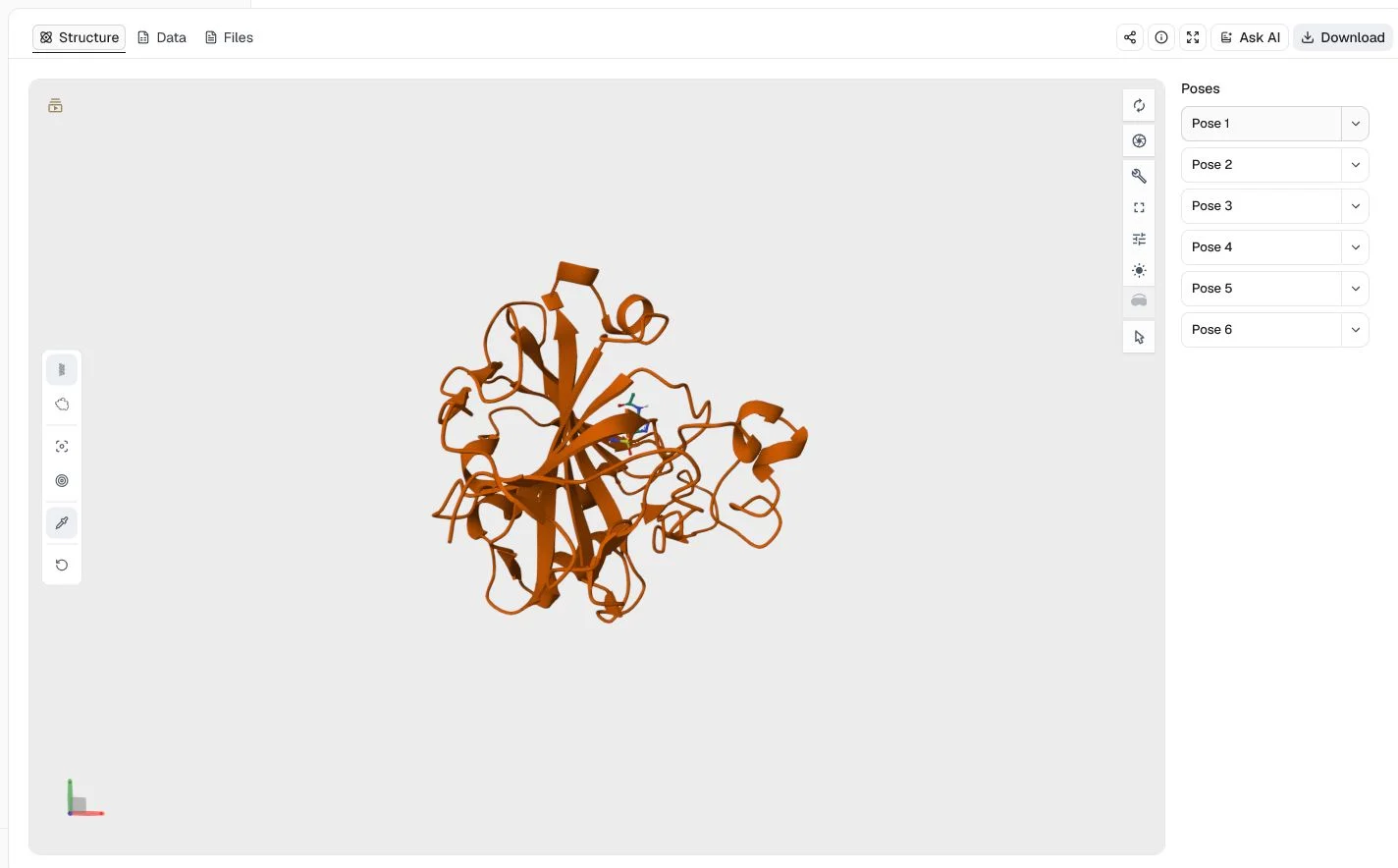 GNINA structure viewer showing an acetazolamide pose in zinc-containing carbonic anhydrase II
