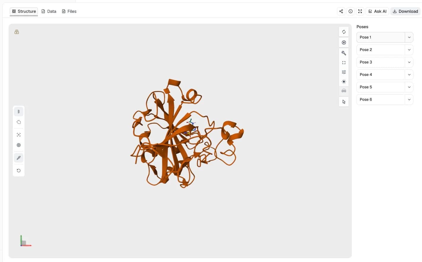 GNINA structure viewer showing an acetazolamide pose in zinc-containing carbonic anhydrase II