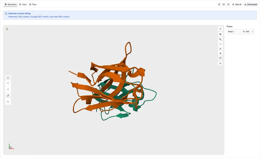 mBER Structure view of the relaxed PD-L1 and VHH complex for the accepted design, with an iPTM score of 0.759