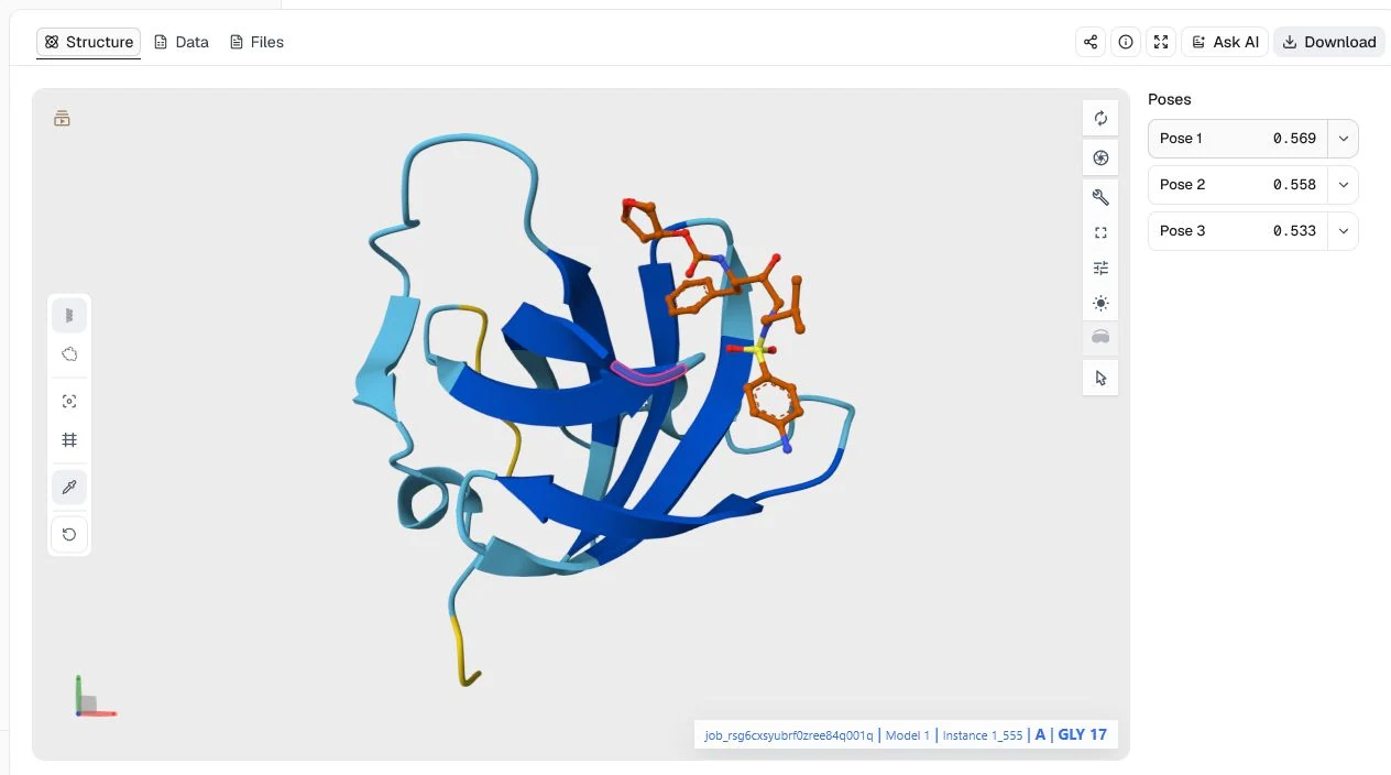 Protenix v2 Structure view of HIV-1 protease with darunavir and ranking scores from 0.533 to 0.569