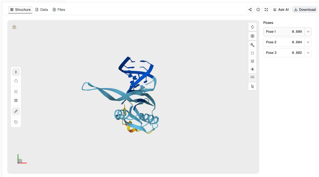 Protenix v2 Structure view of the MS2 coat protein-RNA complex with a top ranking score of 0.809