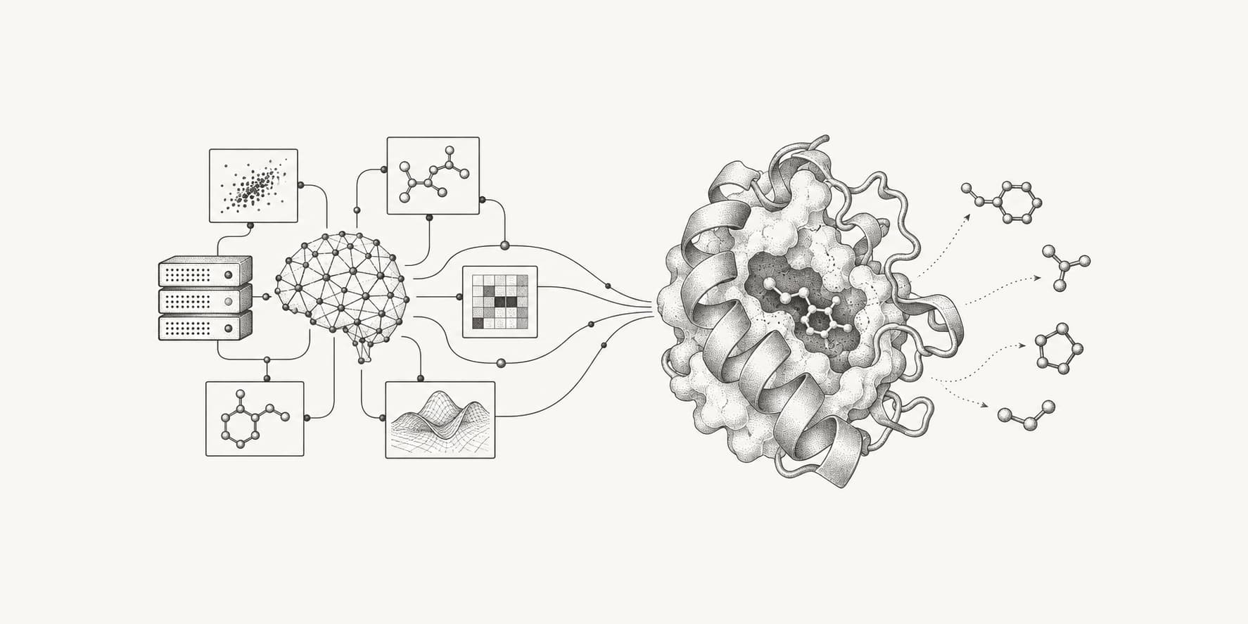 Ink illustration of a computational network connected to a protein binding pocket and candidate molecules.
