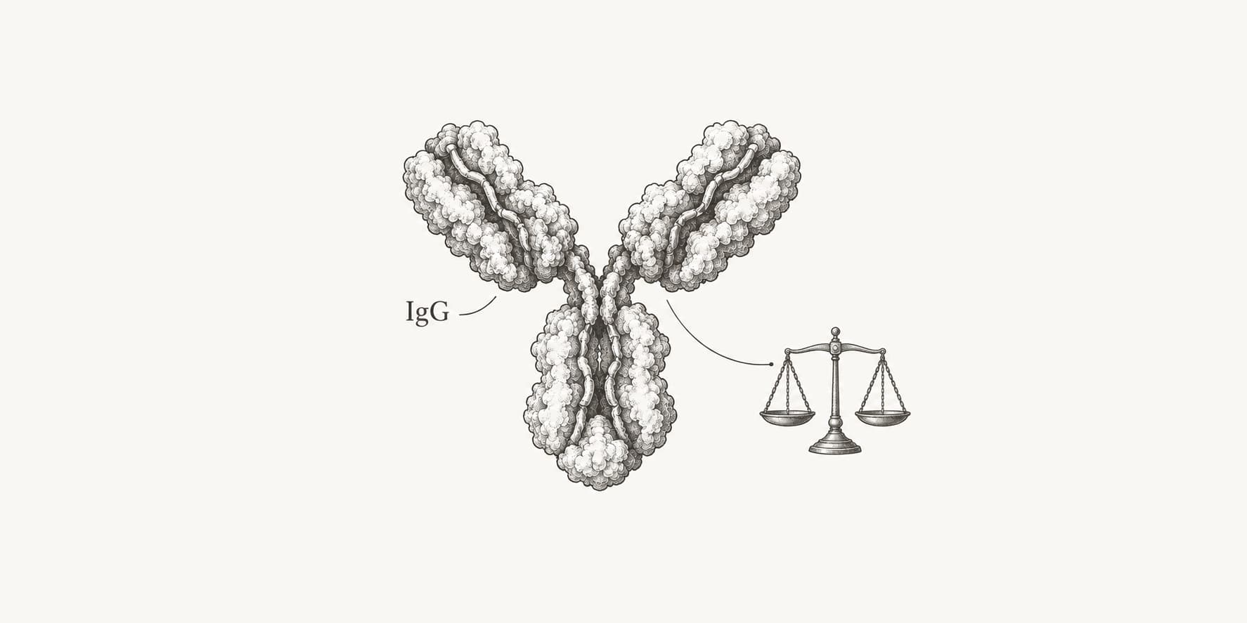 Pen illustration of an IgG antibody beside a balance representing molecular mass.
