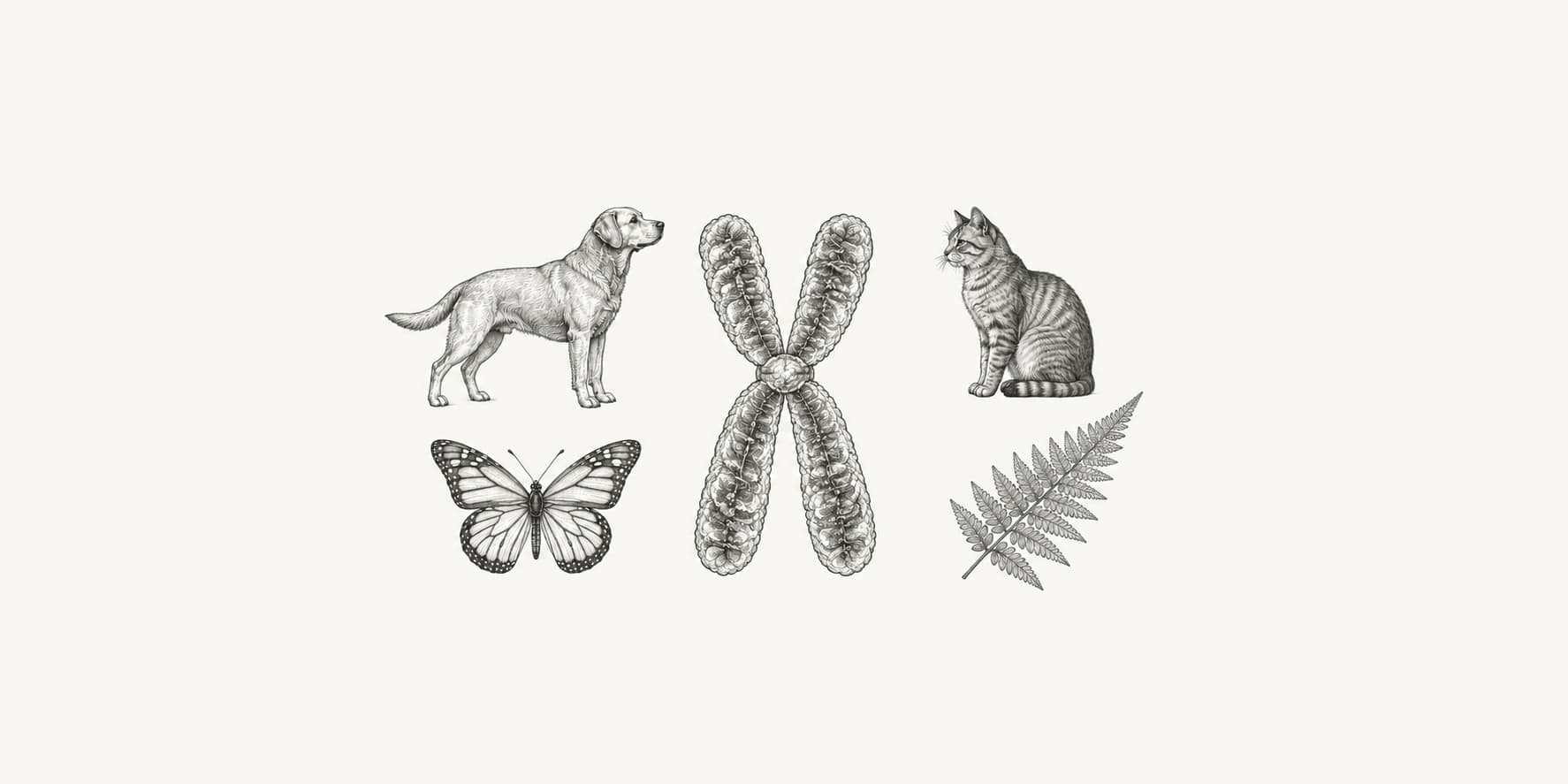 A chromosome surrounded by a dog, cat, butterfly, and fern.