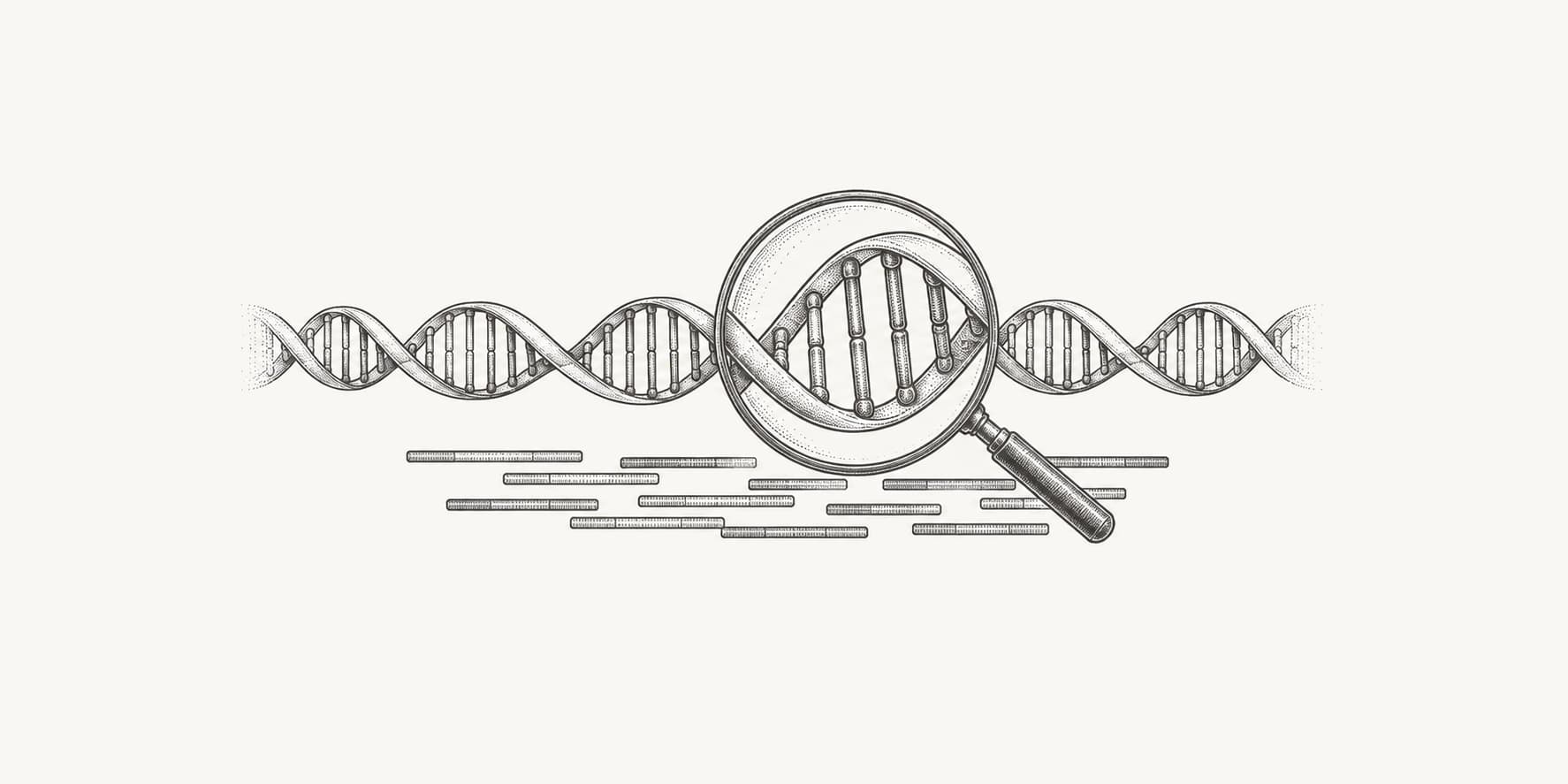 A magnifying glass examines DNA alongside overlapping sequence fragments.