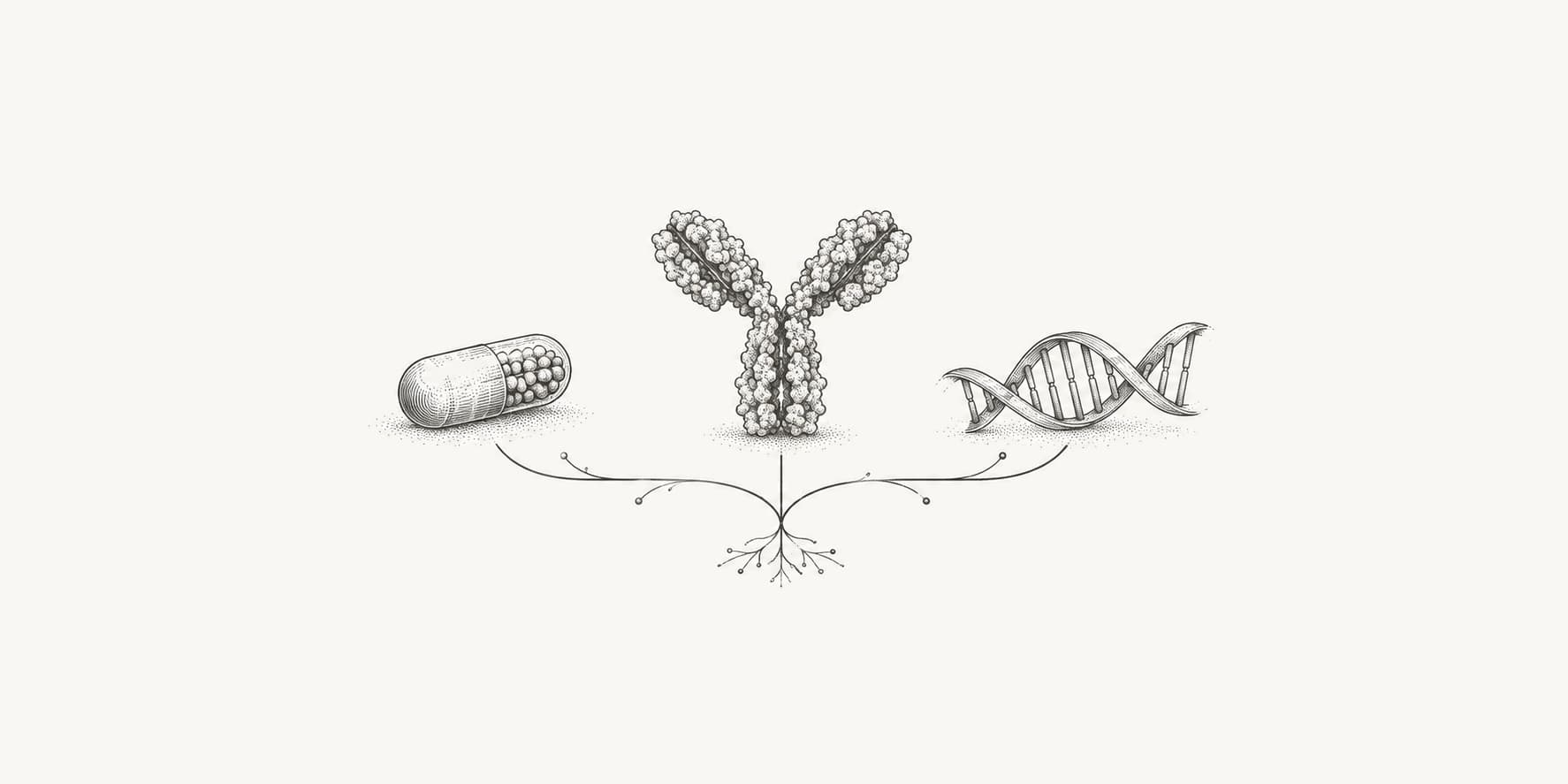 Capsule, antibody, and DNA illustrations representing different drug discovery approaches.