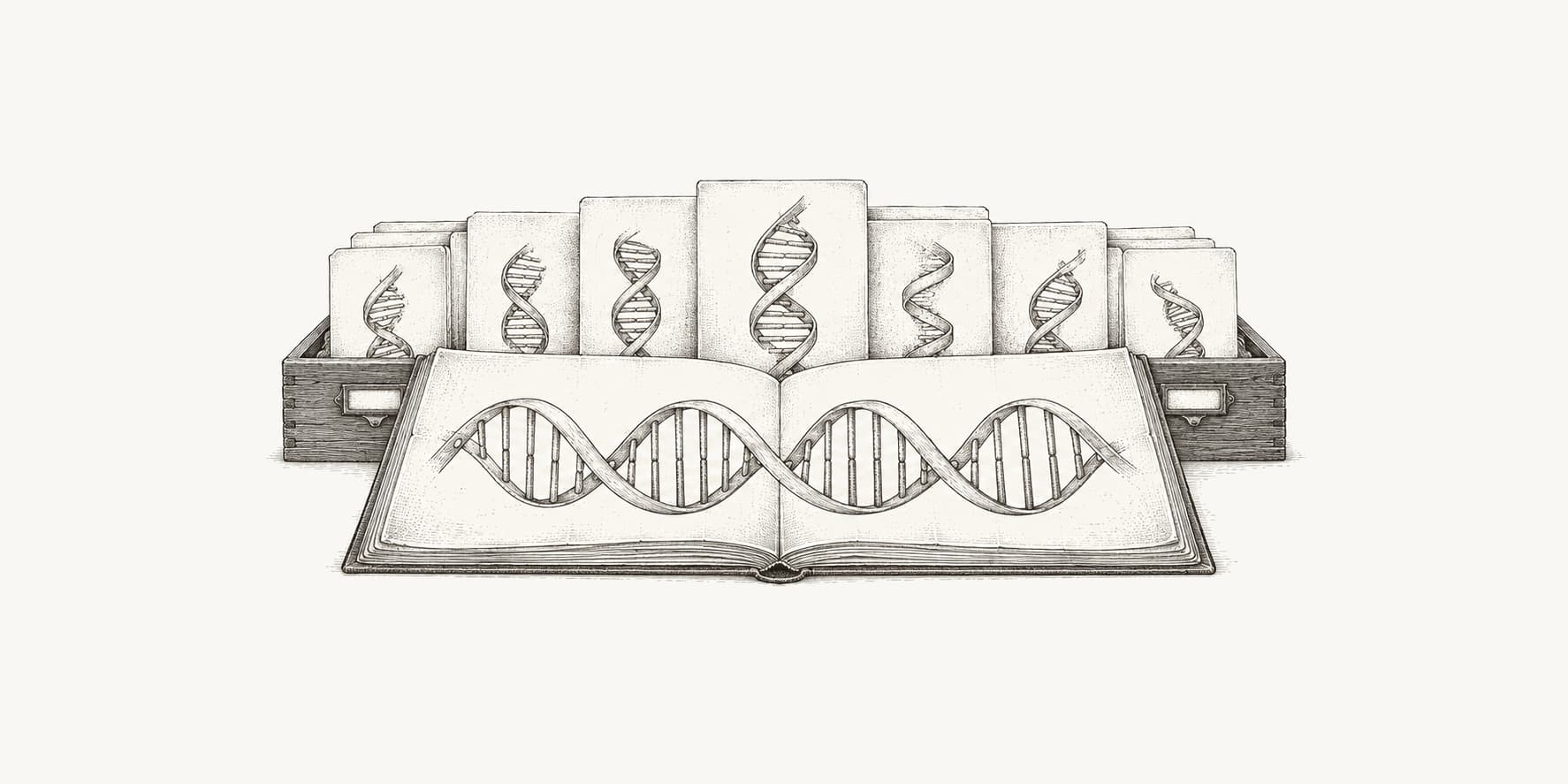 DNA sequence records arranged as an engraved scientific archive.