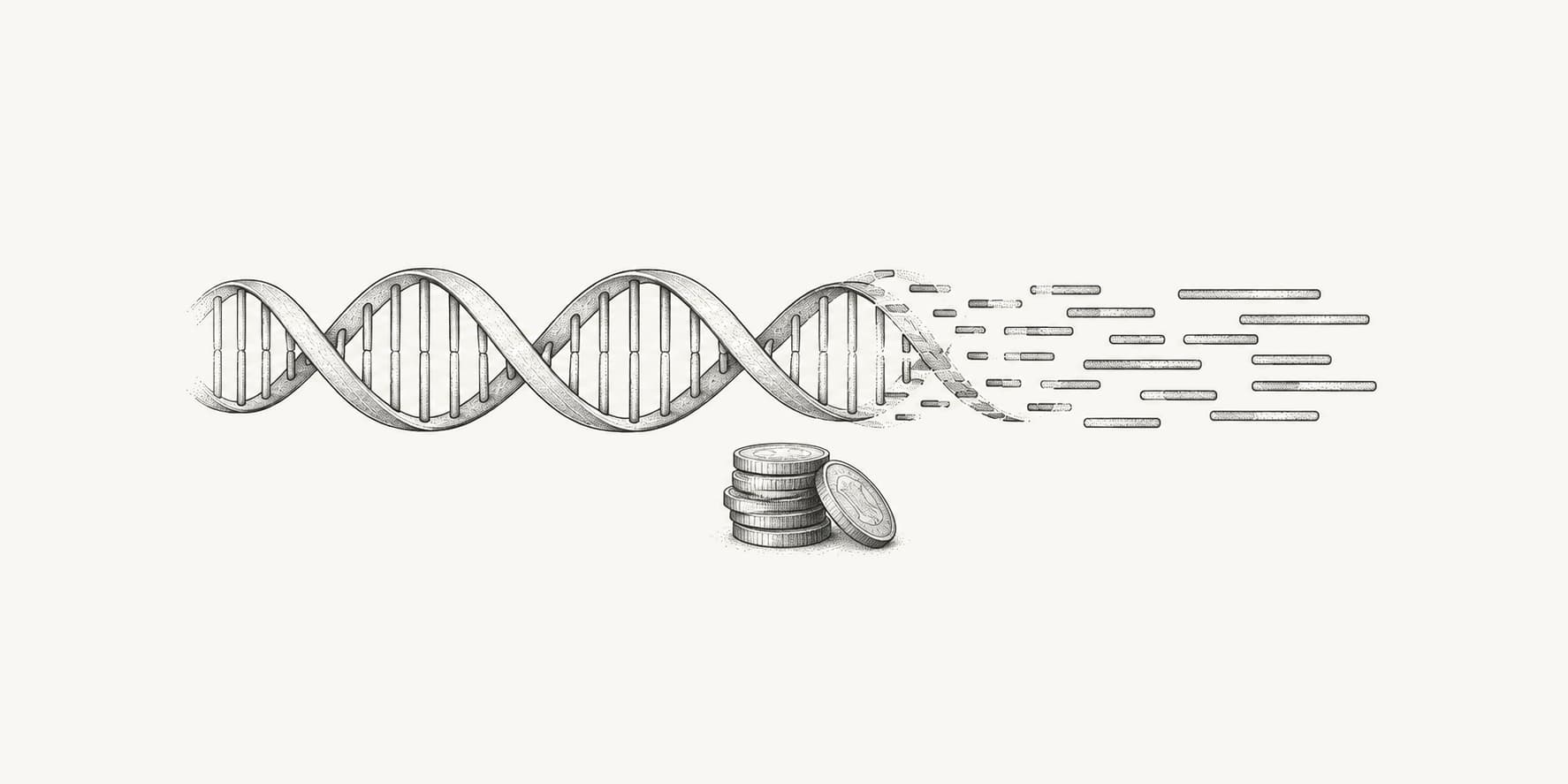DNA and sequencing-read motifs beside coins representing genome sequencing cost.