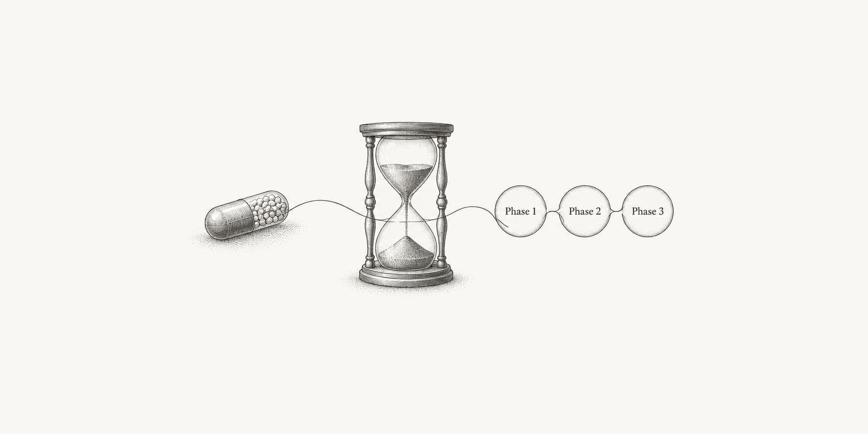 Capsule and hourglass beside a conceptual sequence of clinical trial phases.