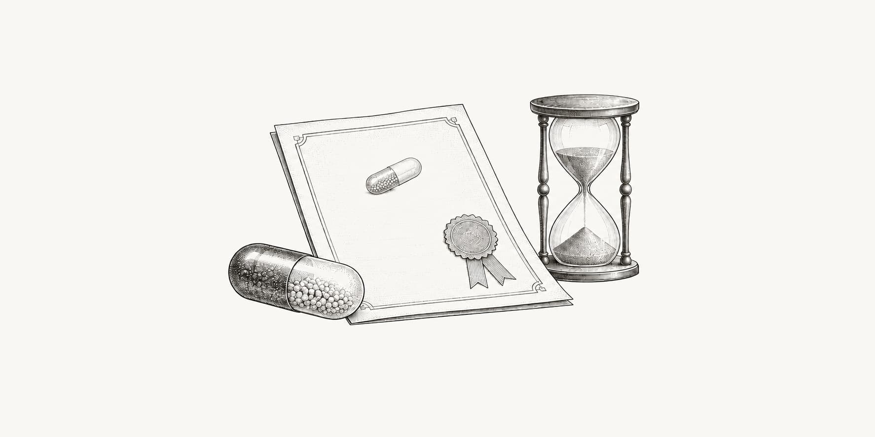A medicine capsule, patent document, and hourglass illustrating patent duration.