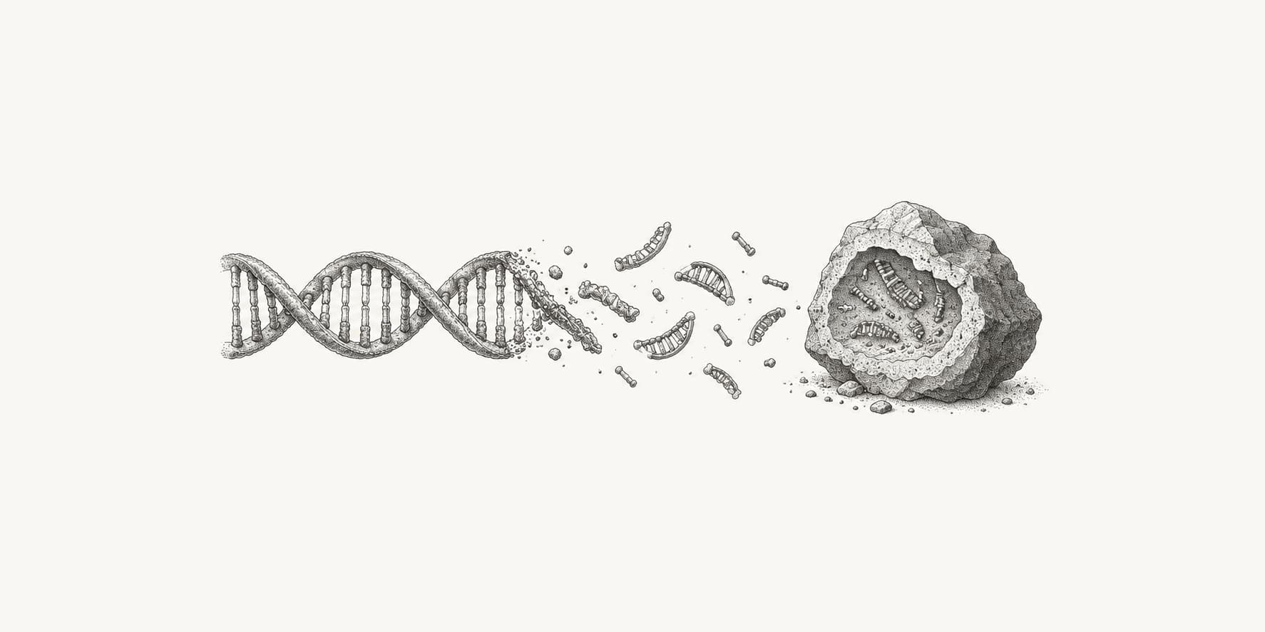DNA breaking into short fragments beside a protective mineral sample.