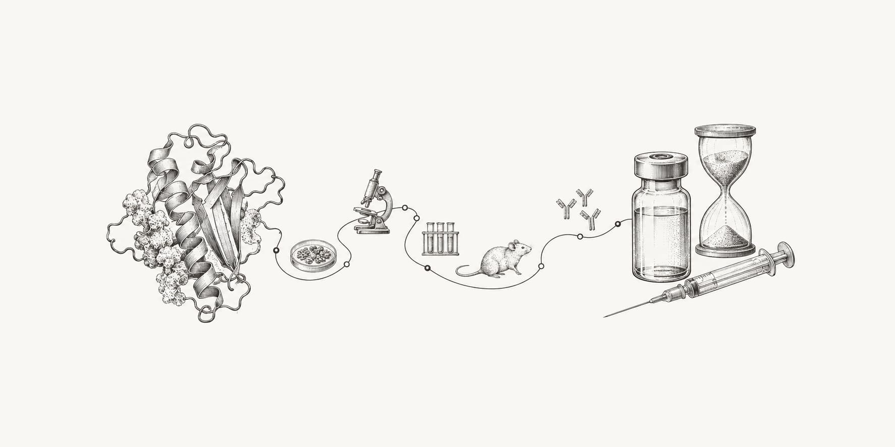 A vaccine vial and syringe beside an hourglass and a research pathway.