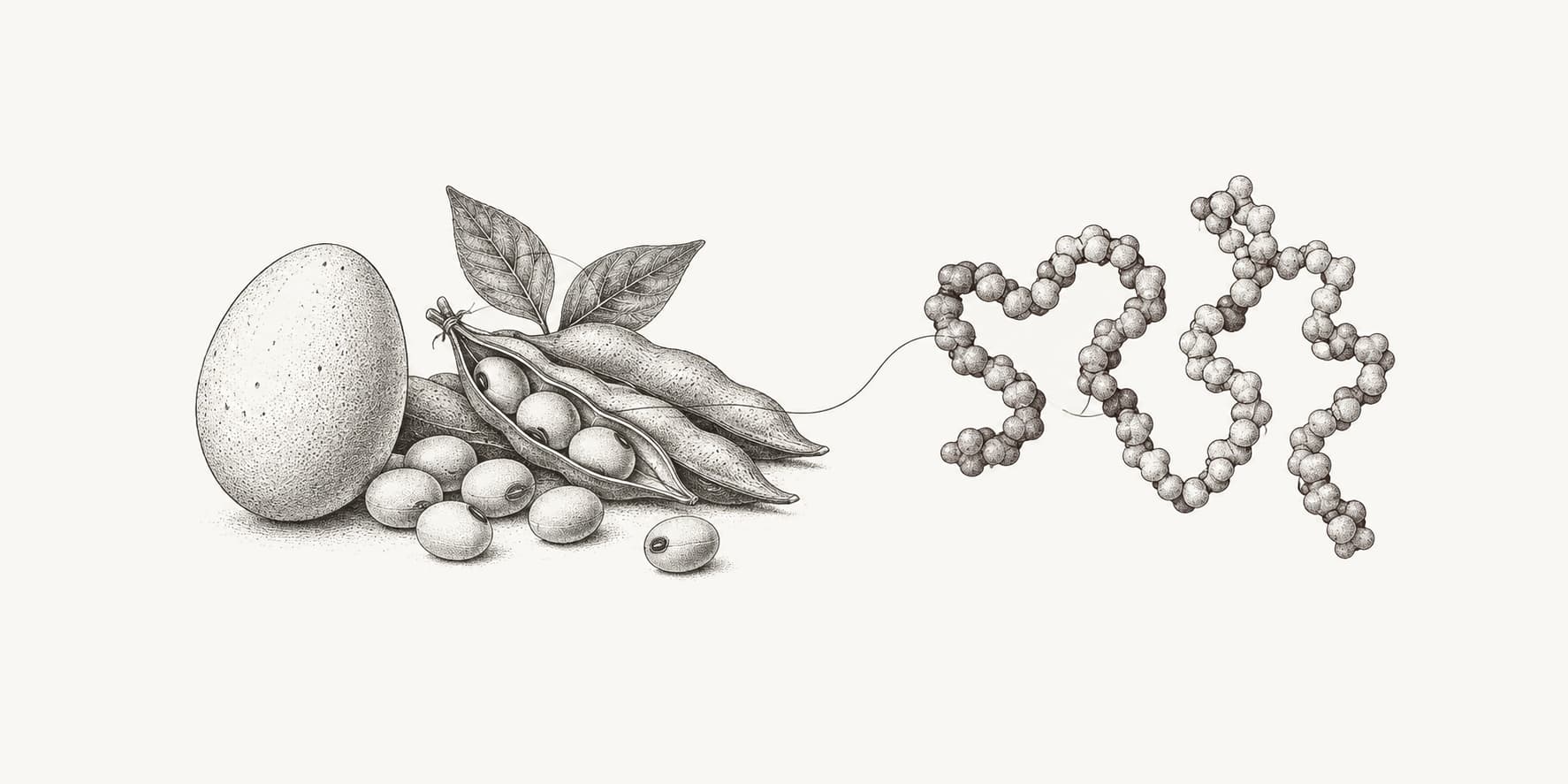 Ink illustration of an egg and soybeans beside a protein chain, representing dietary amino acids.
