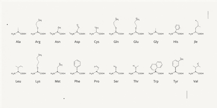 Illustrated chart of amino acid structures arranged in two rows.