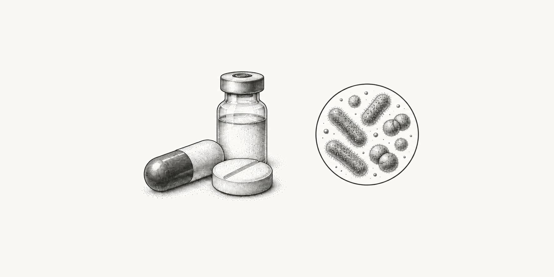 Antibiotic capsule, tablet, and vial beside magnified bacteria.