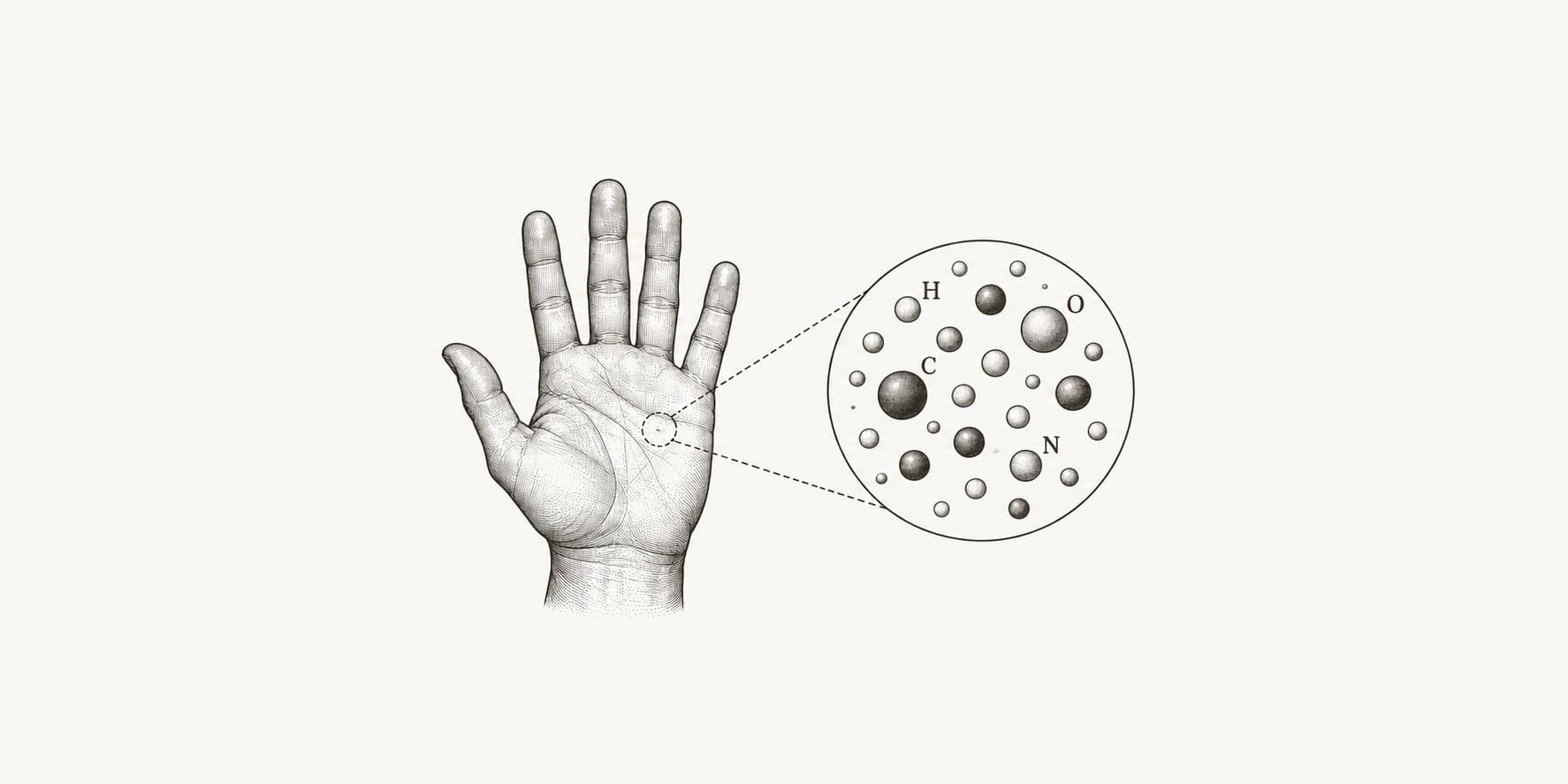 Ink illustration of a human hand with a magnified view of atoms that make up body tissues.
