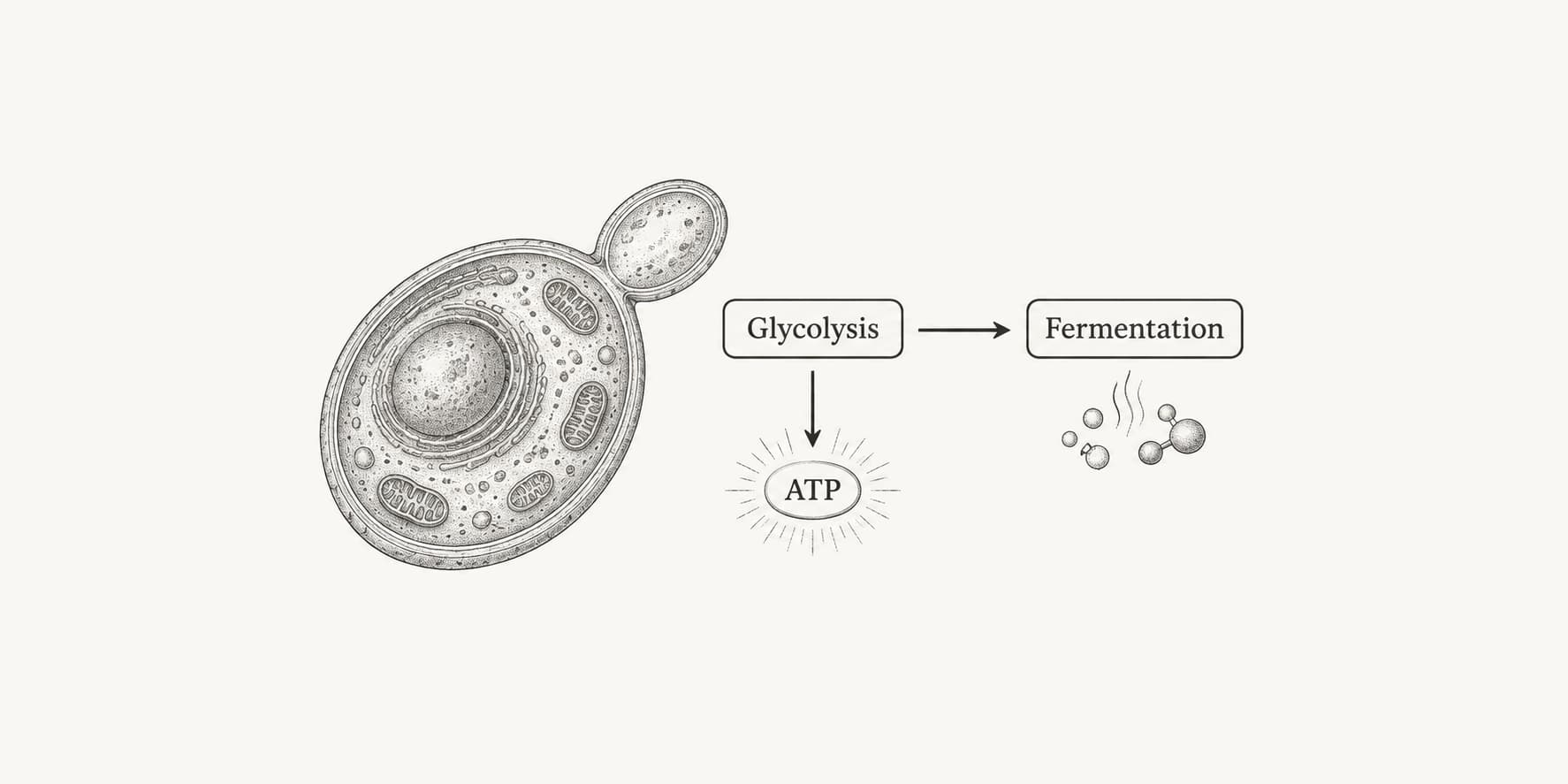 Yeast cell and qualitative pathway linking glycolysis with ATP and fermentation.