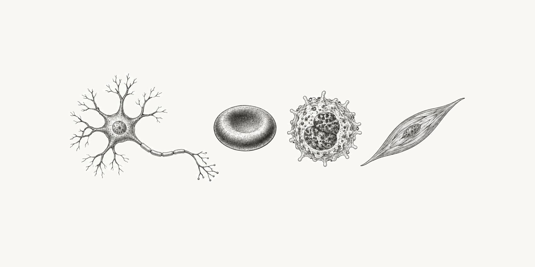 Ink illustration of a neuron, red blood cell, immune cell, and muscle cell showing human cell diversity.