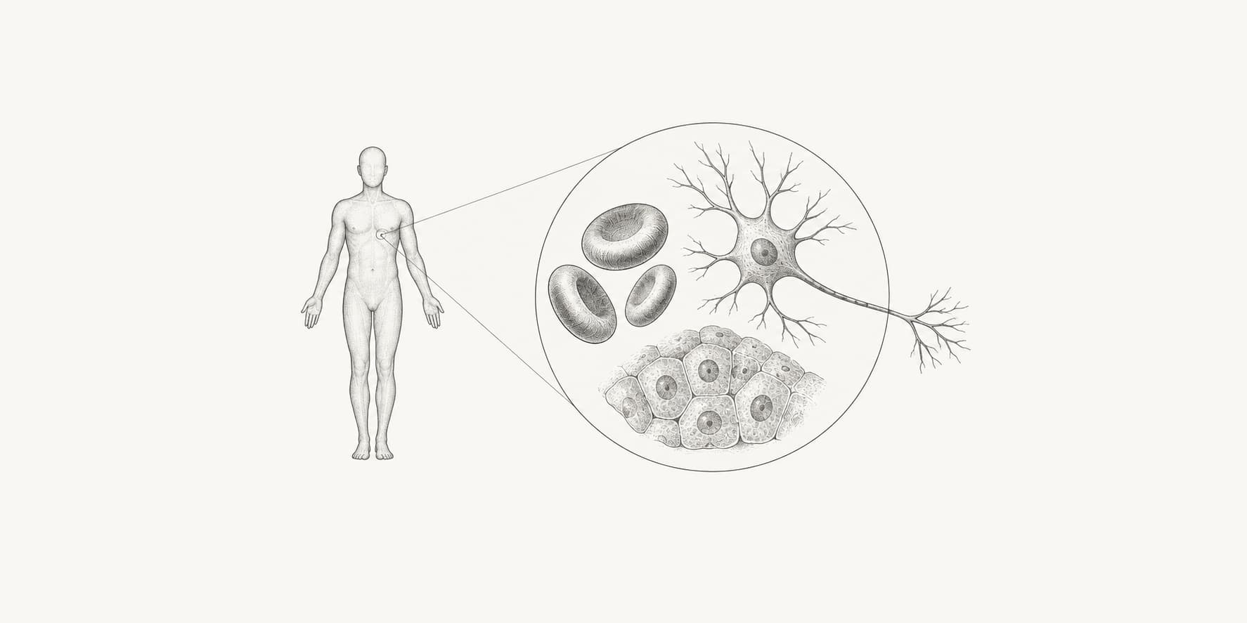 A human outline beside enlarged examples of blood, nerve, and epithelial cells.