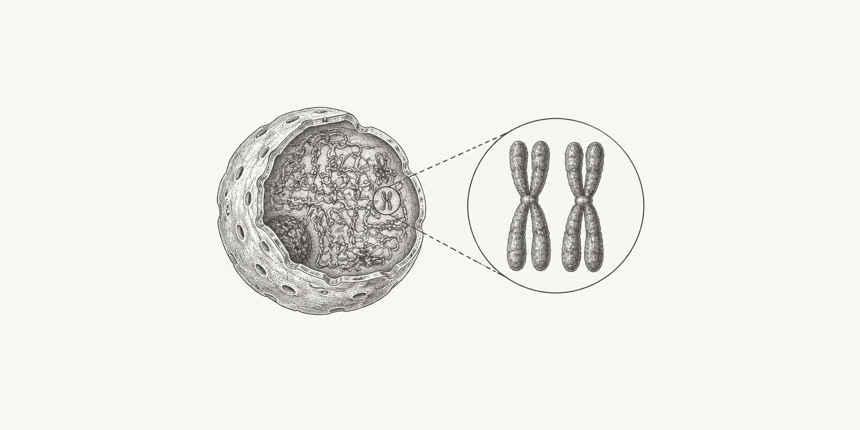 Cell nucleus with an enlarged representative chromosome pair.