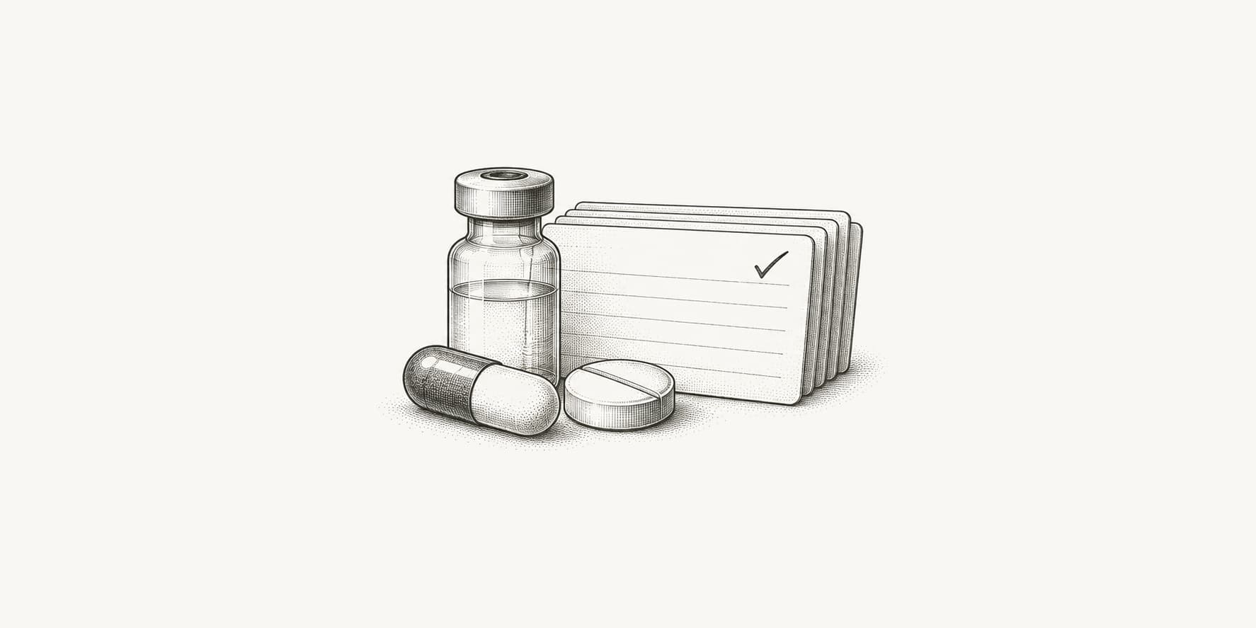 Medicine forms beside catalog records representing an approved-drug inventory.