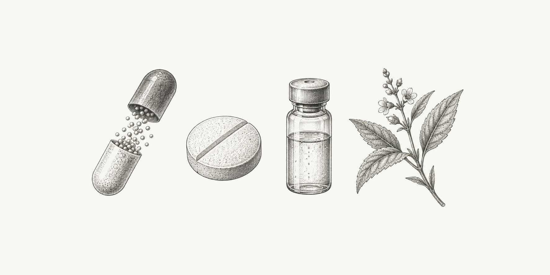 A capsule, tablet, vial, and leafy sprig illustrating the diversity of medicines.