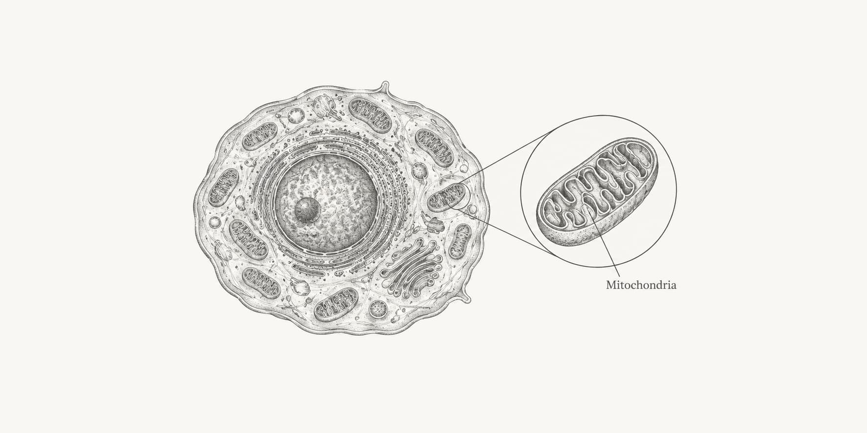 Cutaway cell containing mitochondria with an enlarged mitochondrion.