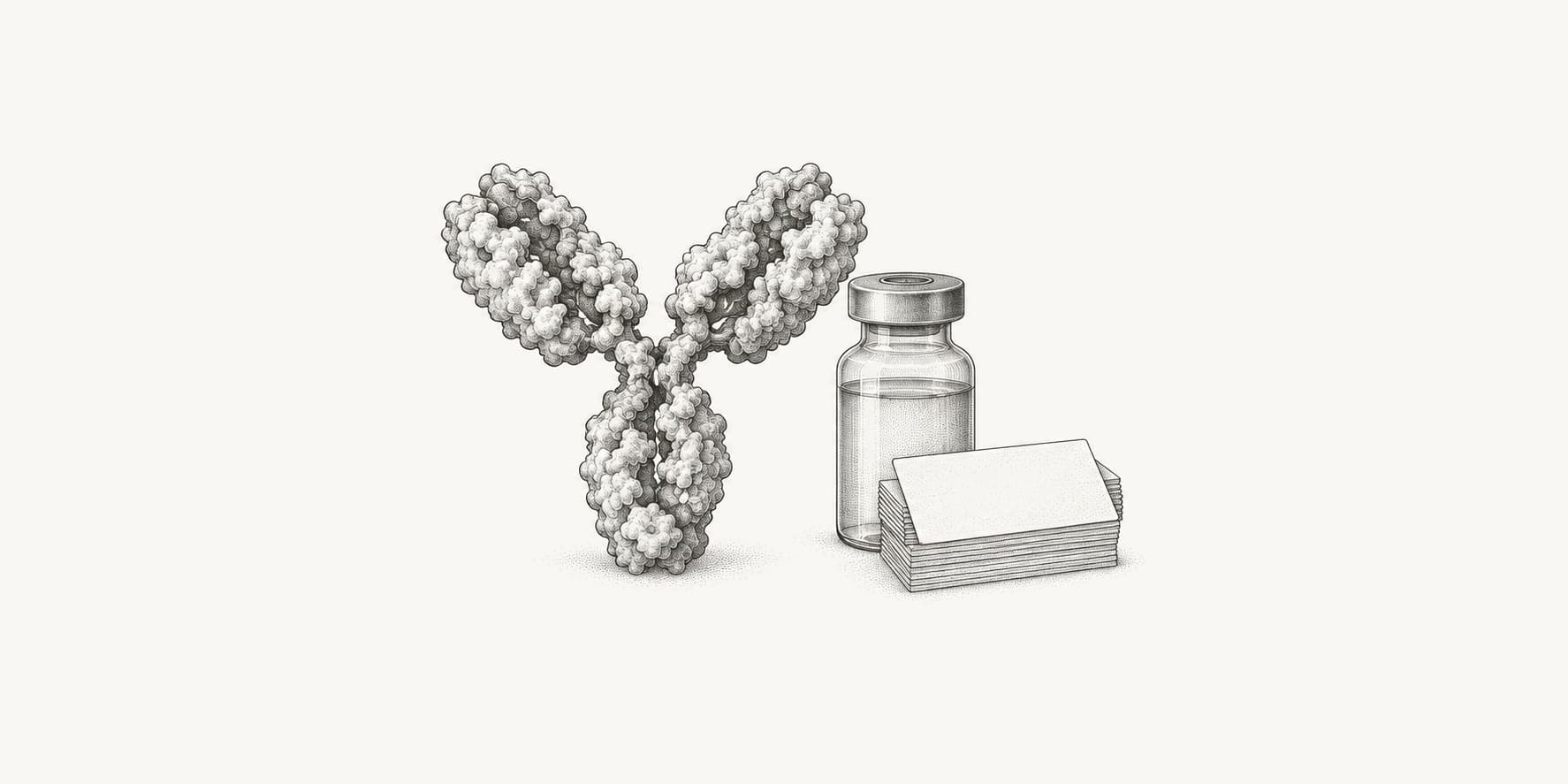 Therapeutic antibody beside a medicine vial and catalog records.
