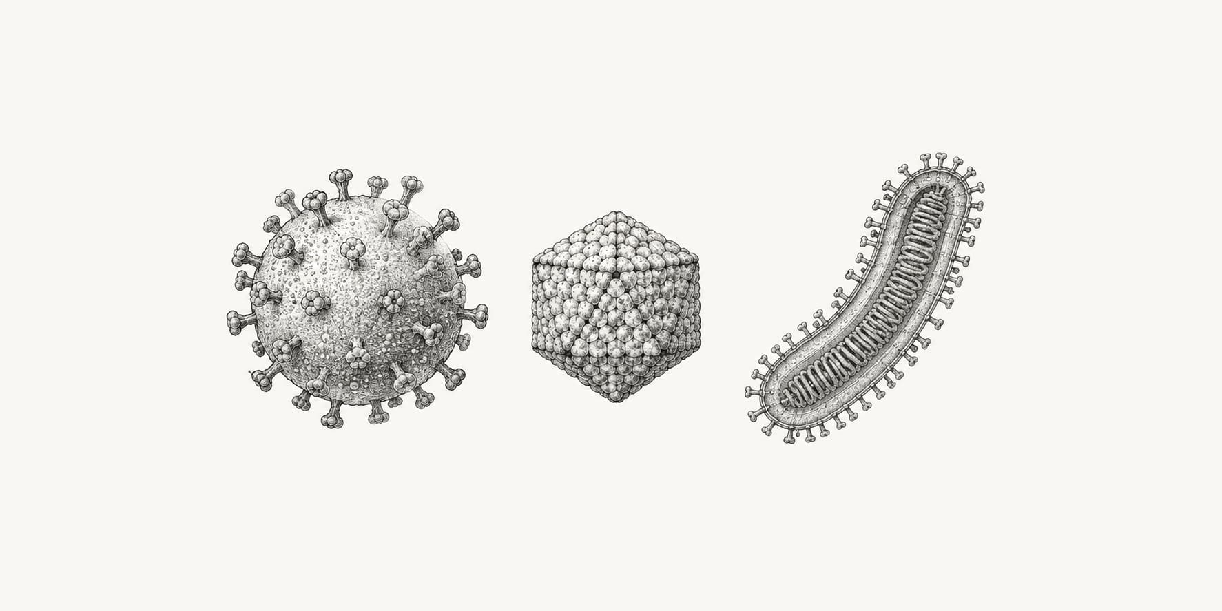 Illustrative enveloped, faceted, and elongated virus particles.