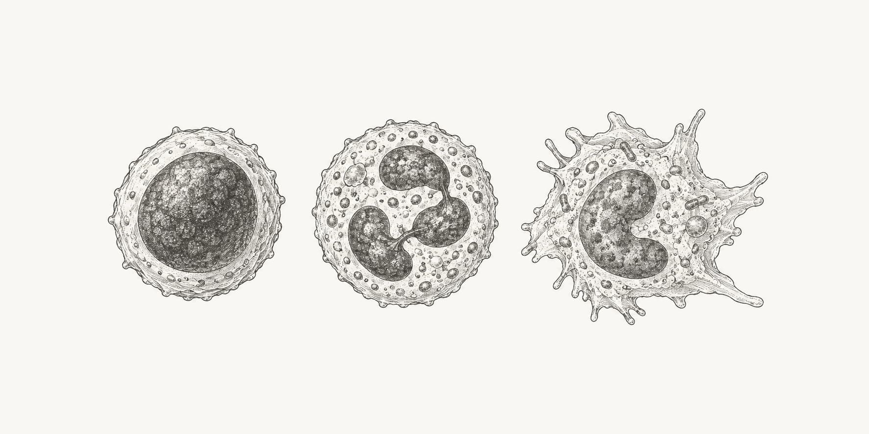 Ink illustration of representative lymphocyte, neutrophil, and macrophage immune cells.