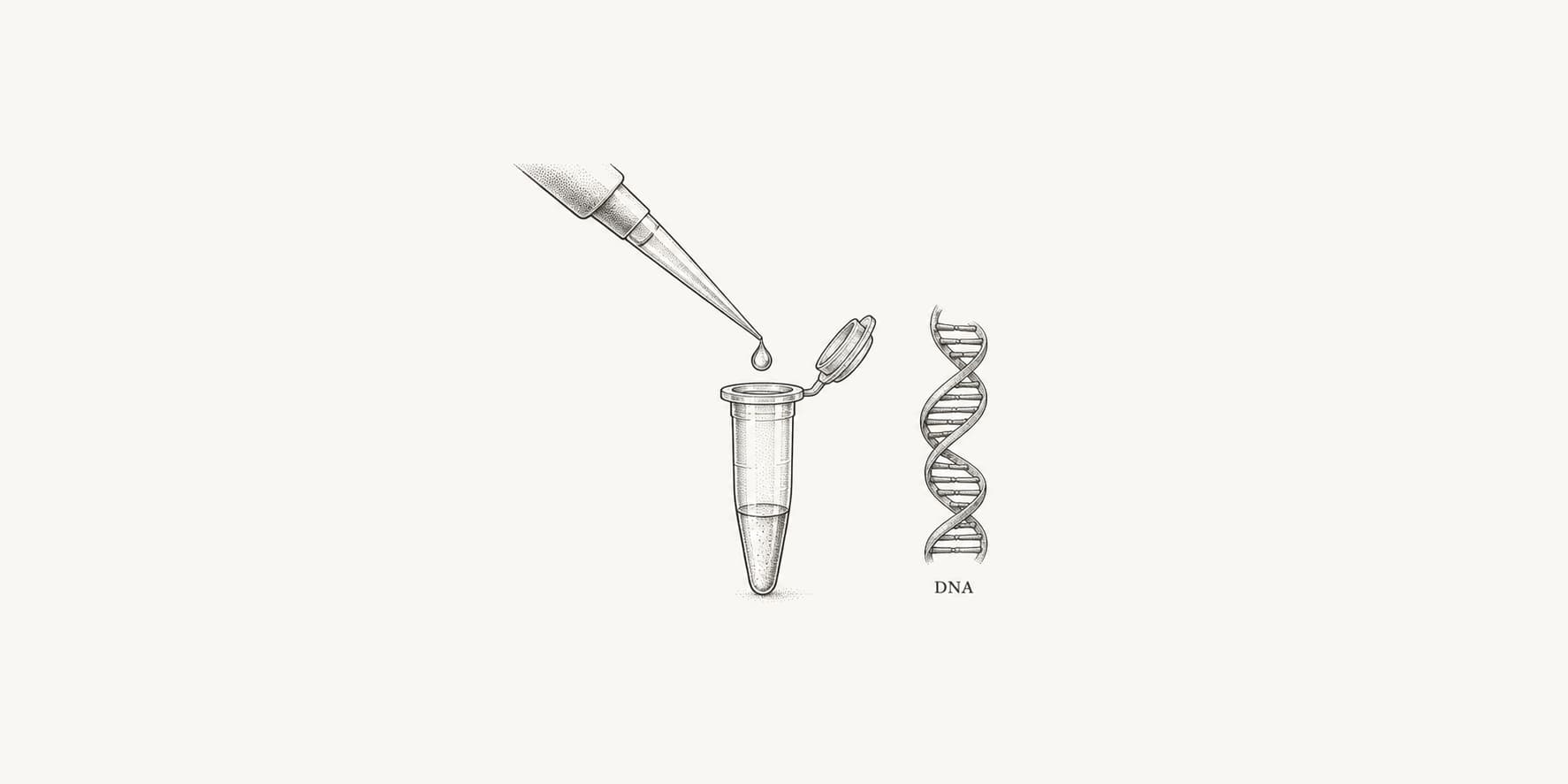 Pipette and sample tube beside a DNA helix for sequencing preparation.