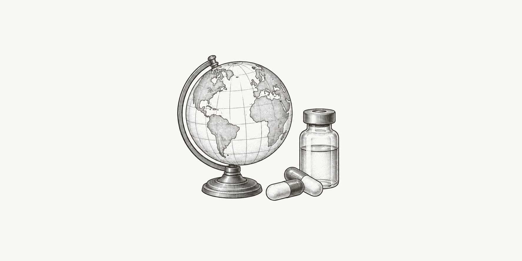 Ink illustration of a globe, medicine vial, and capsules representing the global pharmaceutical market.