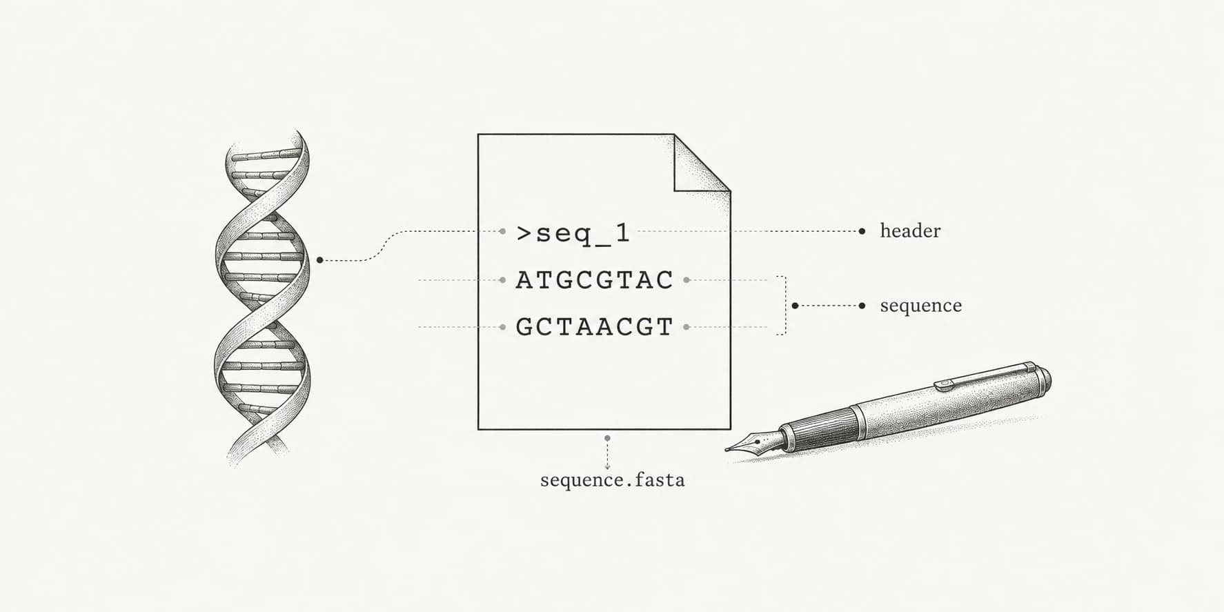 DNA helix and pen beside a FASTA file with its header and sequence labeled.
