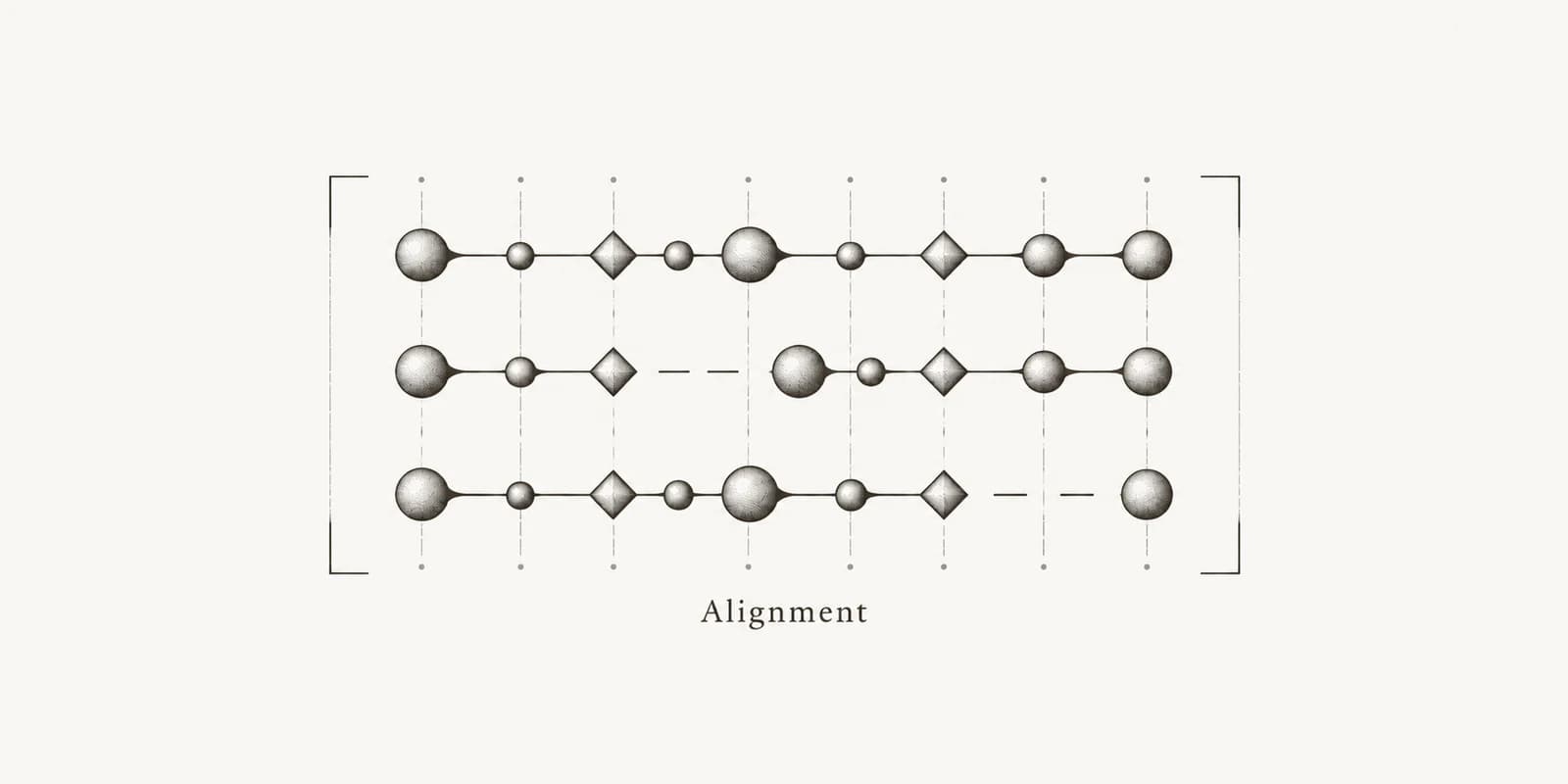 Ink illustration of three aligned sequence rows with gaps and guides marking conserved columns.