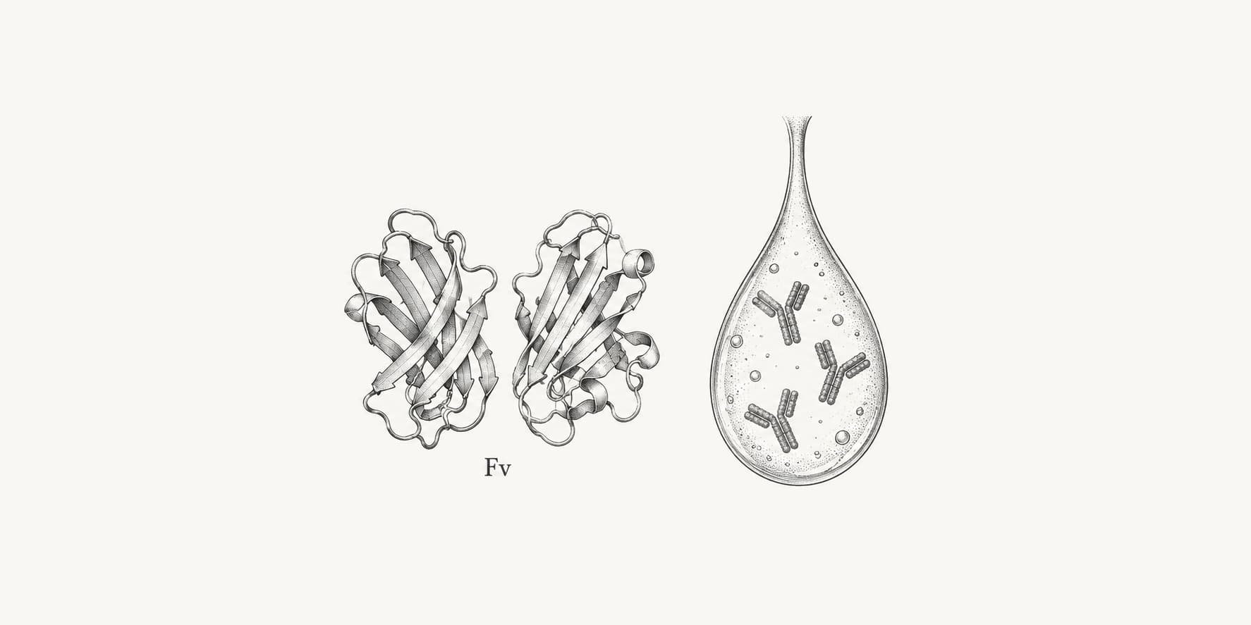 Paired antibody variable domains beside a droplet containing antibody symbols.