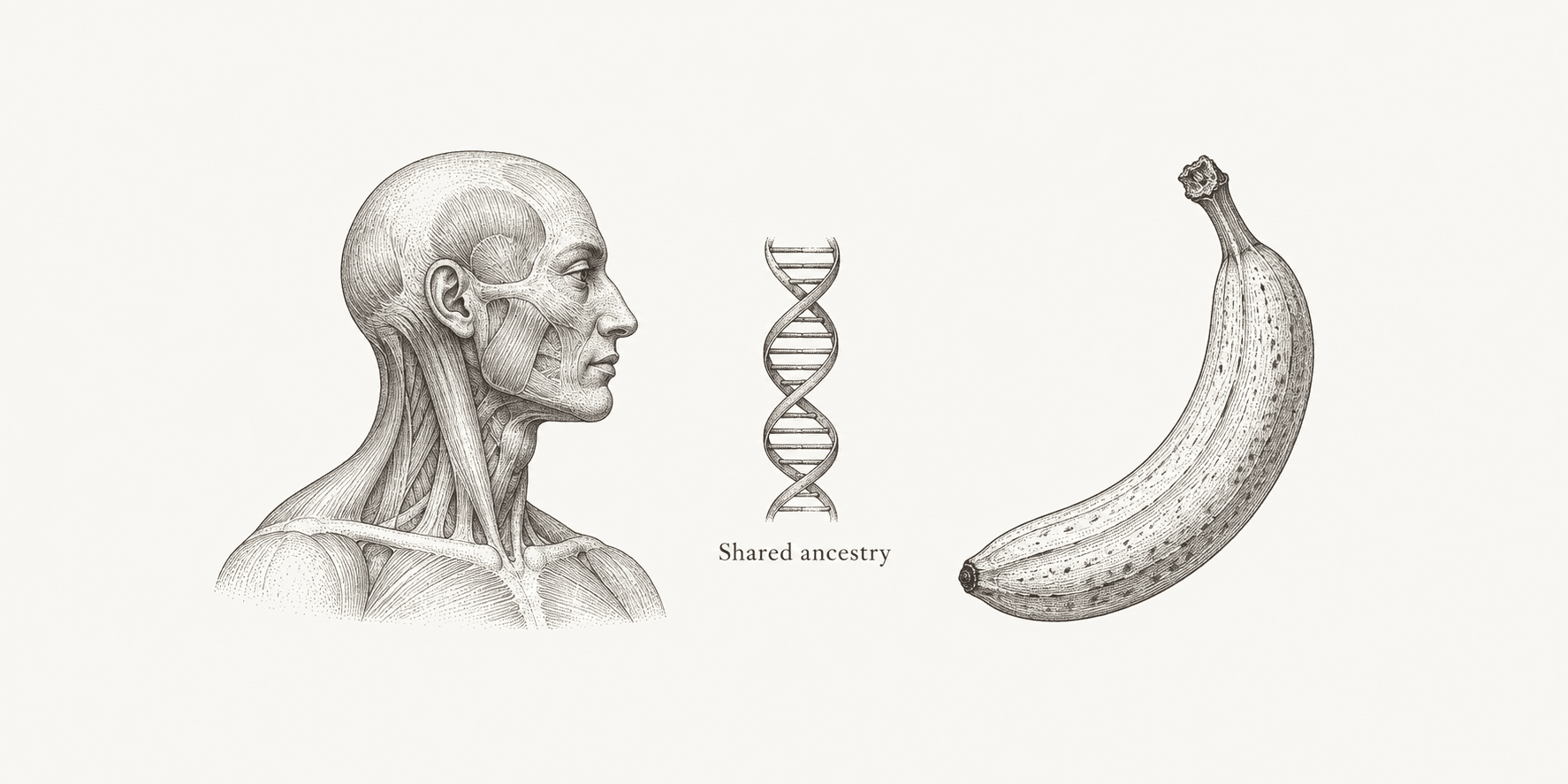 Ink illustration of a human profile and a banana beside a DNA double helix, representing shared ancestry.