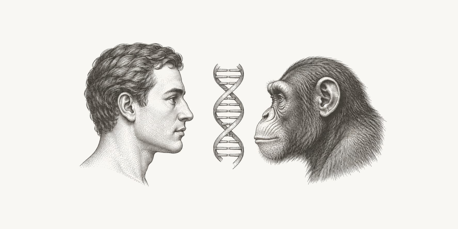 Ink illustration of human and chimpanzee profiles beside a DNA double helix.
