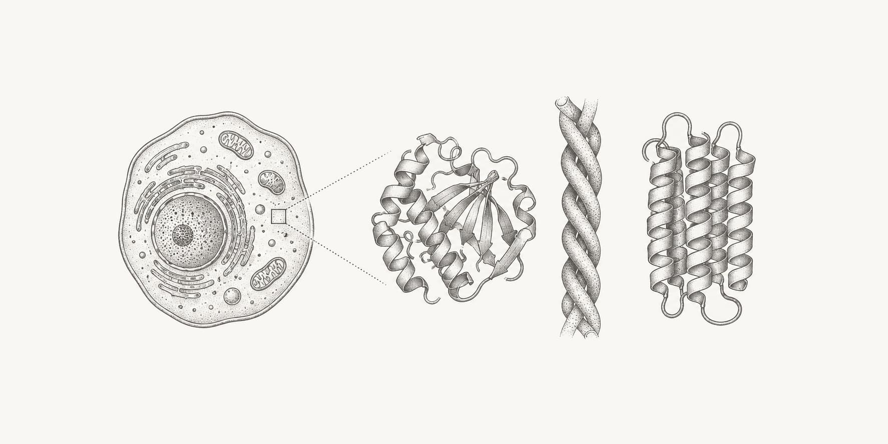Ink illustration of a human cell beside varied globular, fibrous, and membrane protein forms.