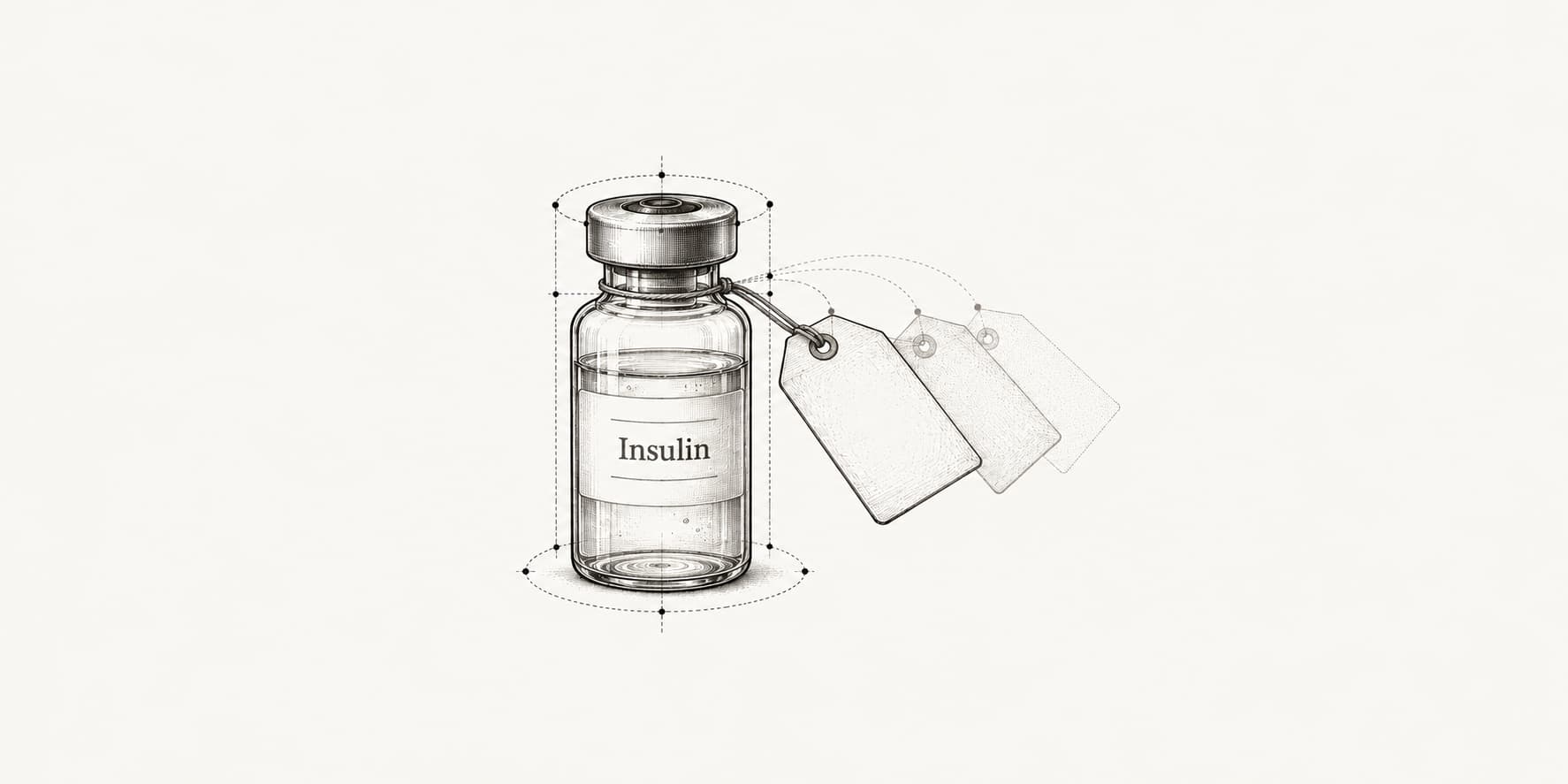 Ink illustration of an insulin vial with layered blank price tags and fine drafting guides.